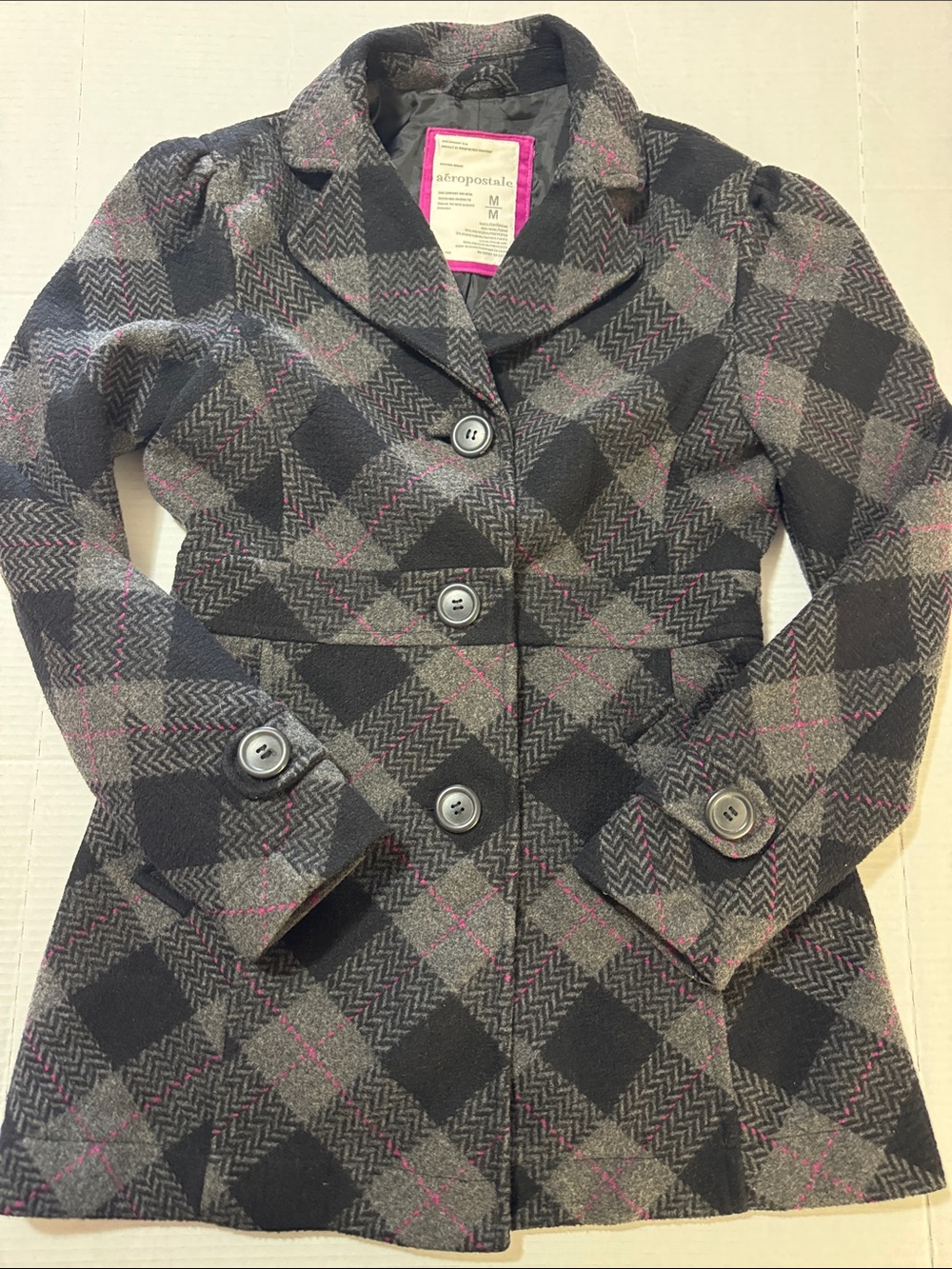 Aeropostale Y2K Preppy Pea Coat Wool Blend in Gray Plaid with Pink Trim (237)